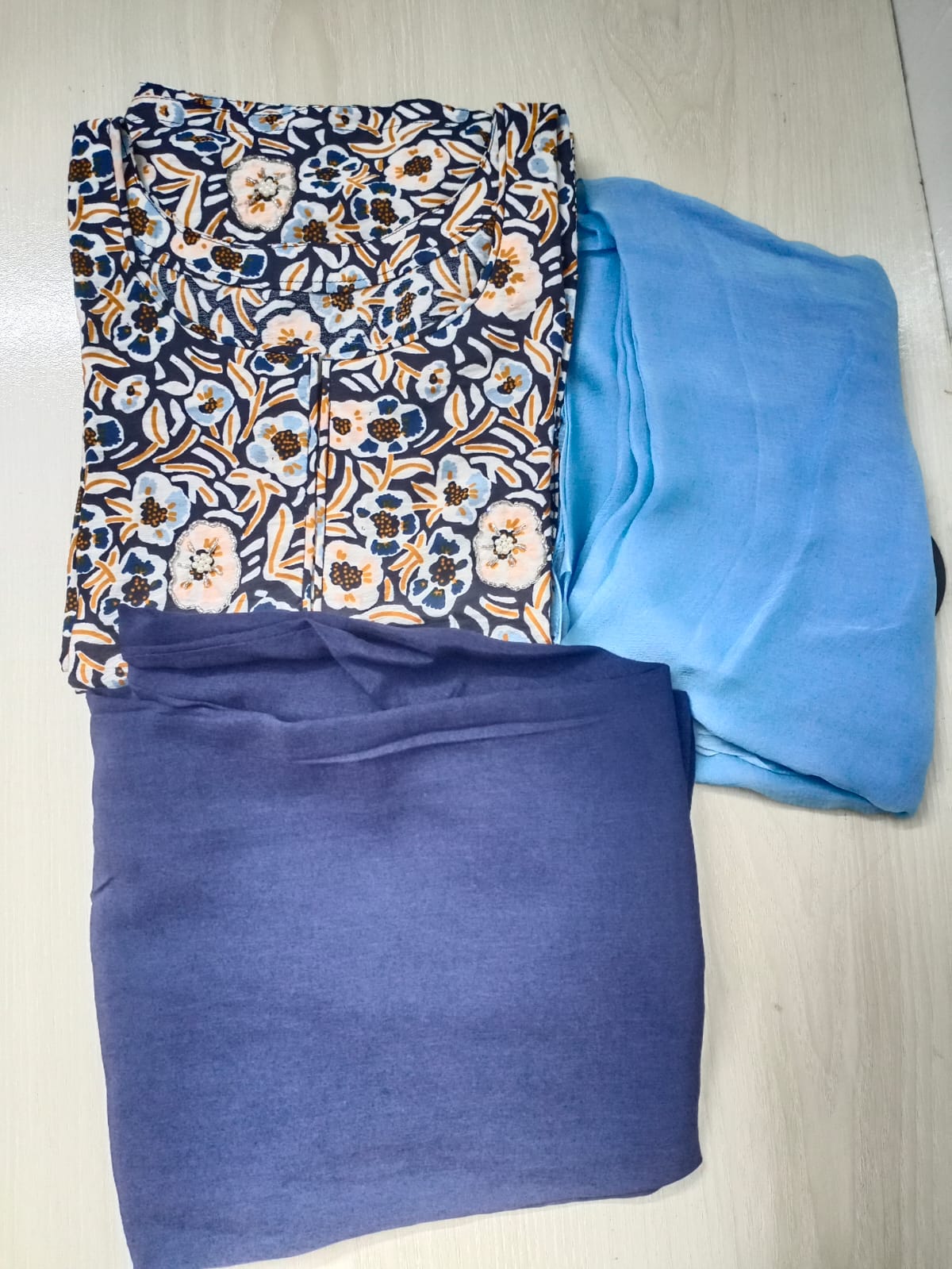 Navy Sky Blue Floral Three Pieces
