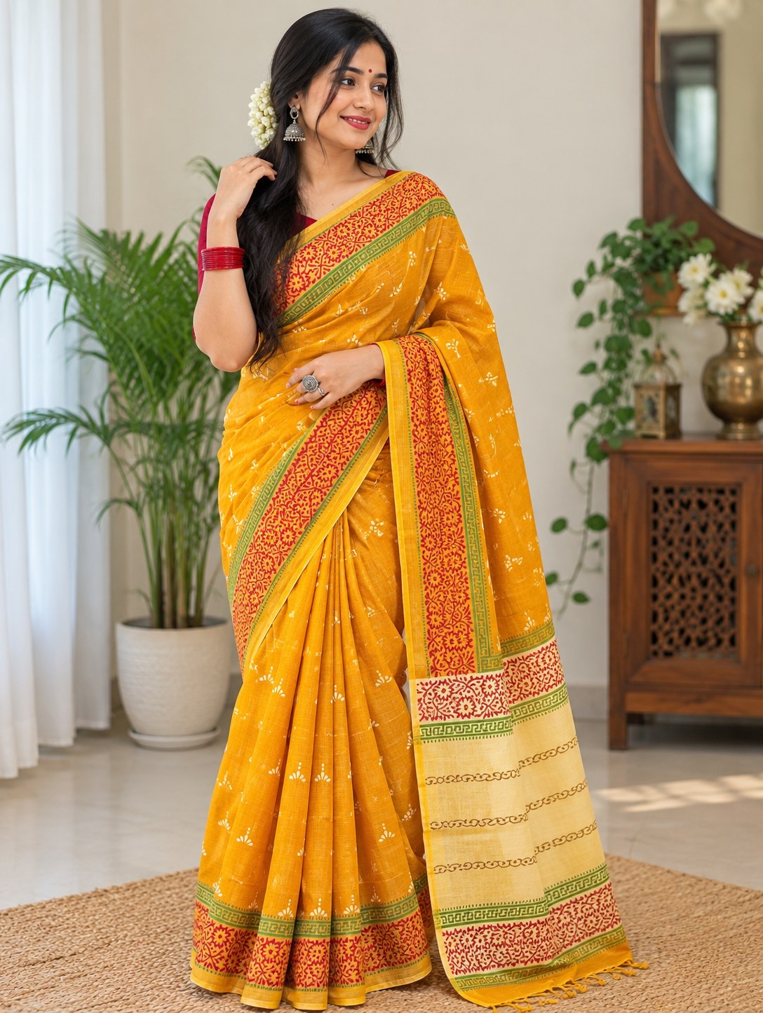 Mustard Yellow Red Green Block Print Saree