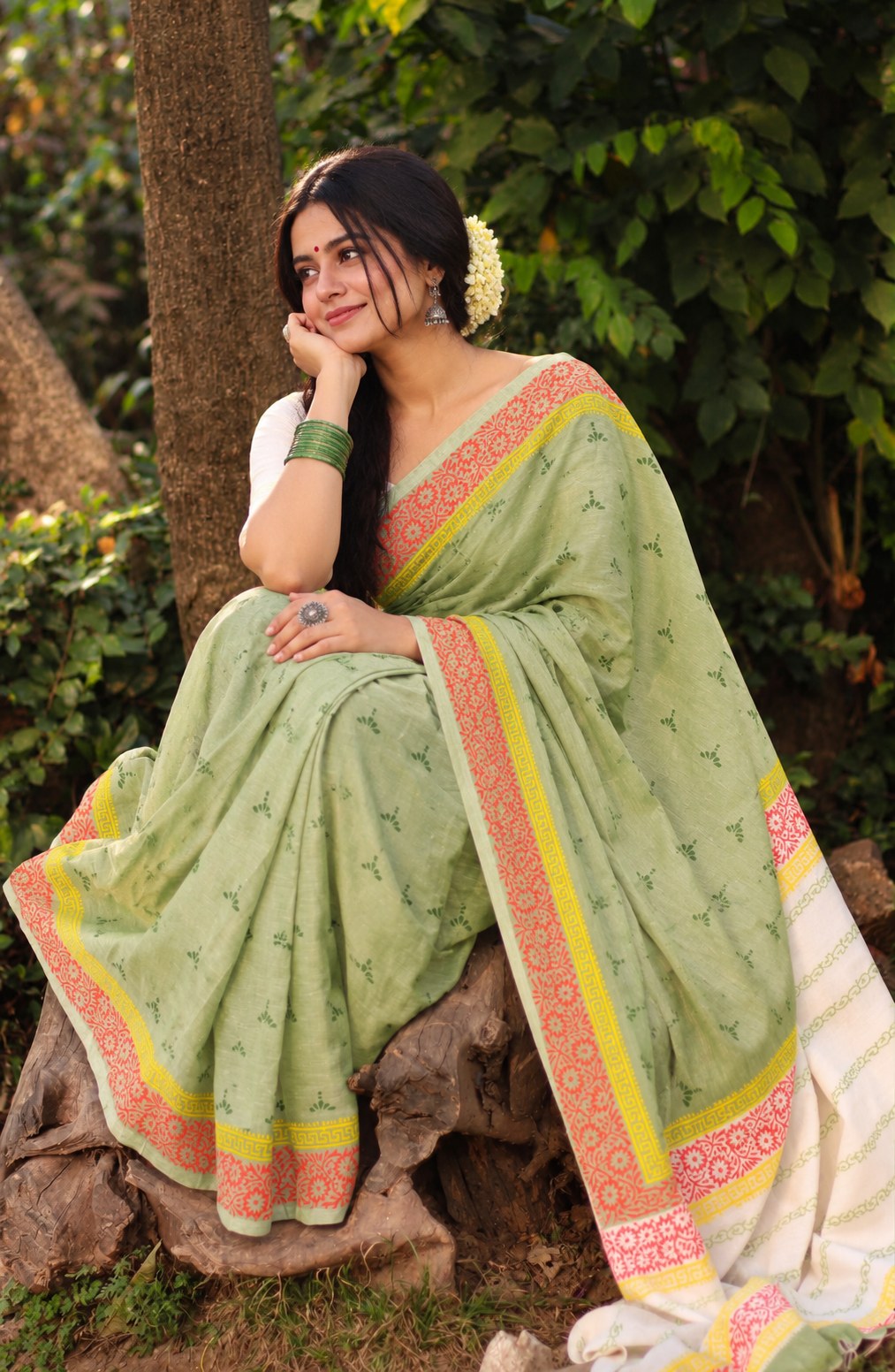 Sage Green Floral Block Print Saree
