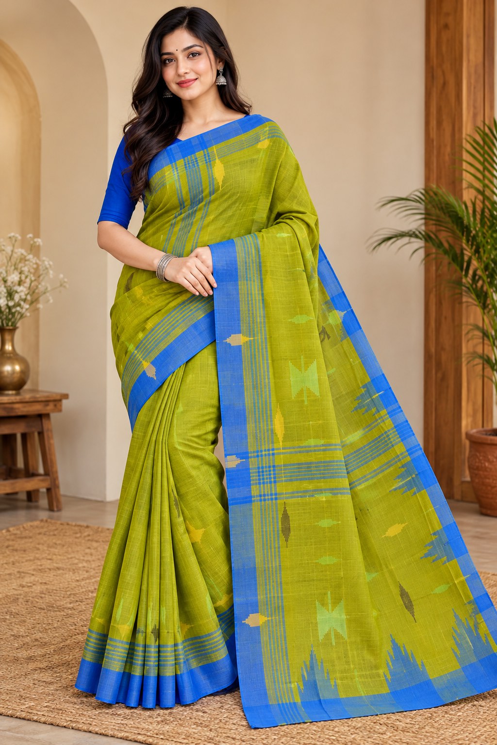 Olive Green & Royal Blue Monipuri Saree