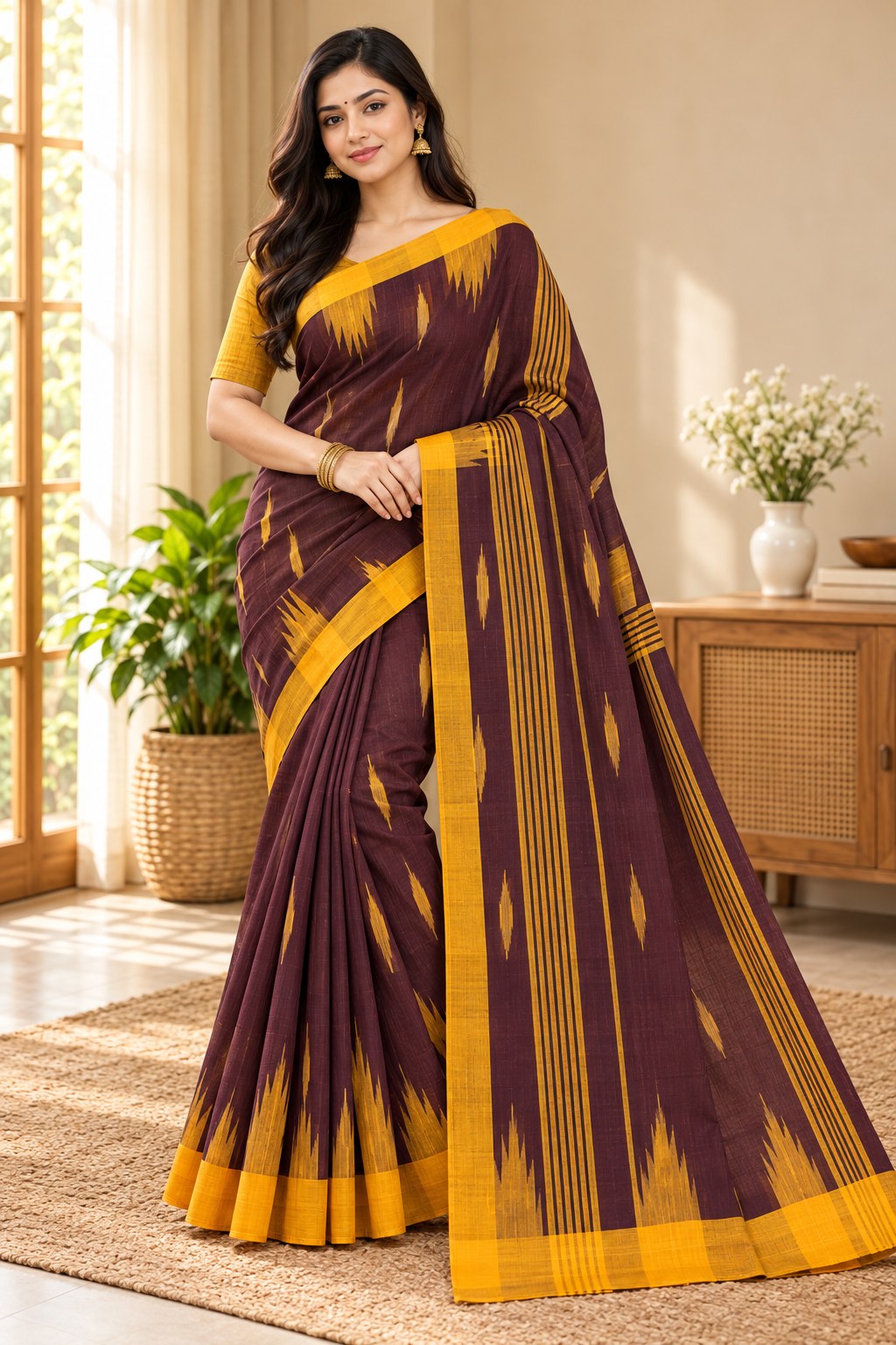 Plum Maroon & Mustard Yellow Ikat Monipuri Saree