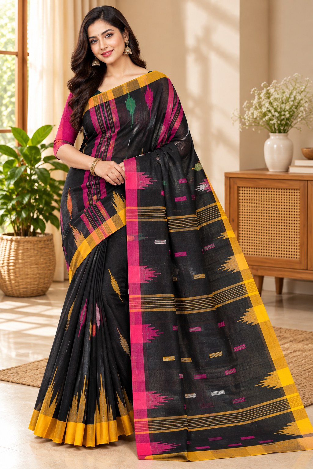 Black & Mustard Monipuri Saree