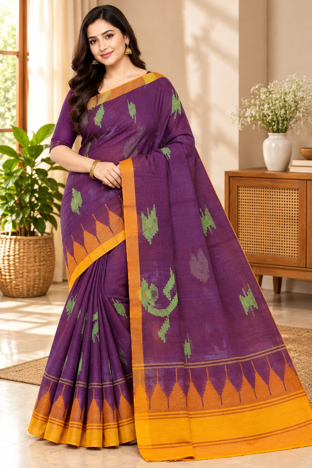 Purple & Mustard Yellow Monipuri Saree