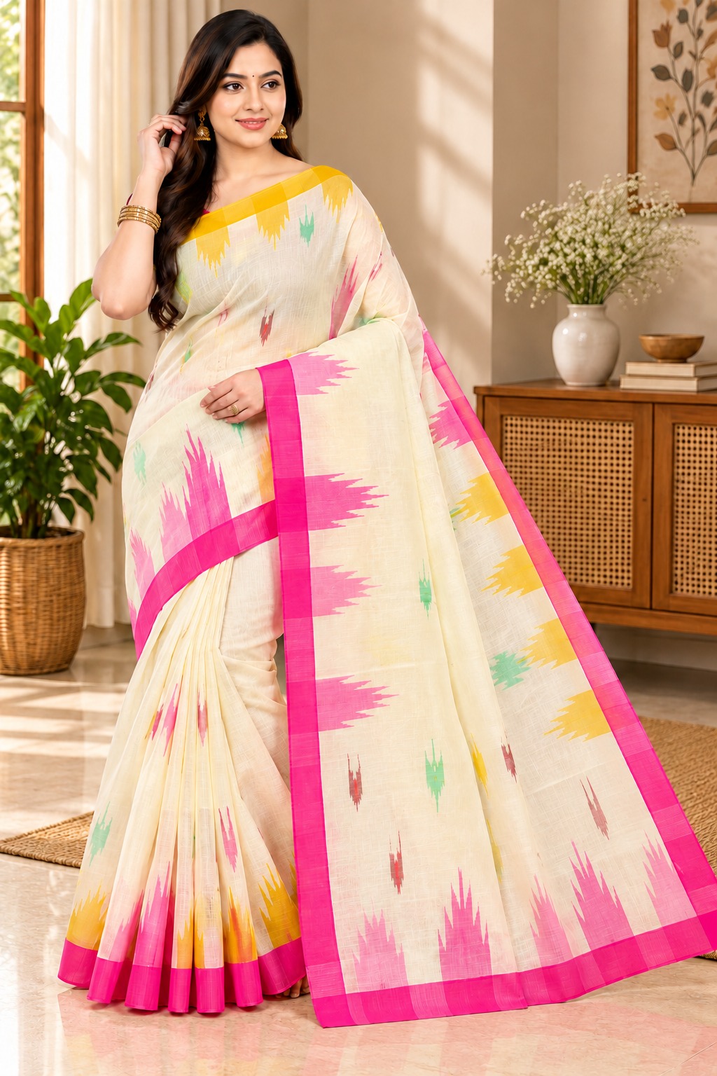 White Multicolor Tribal Motif Monipuri Saree