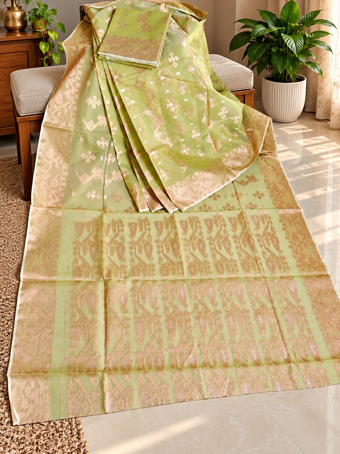 Golden Blossom Green Tangail Jamdani Saree