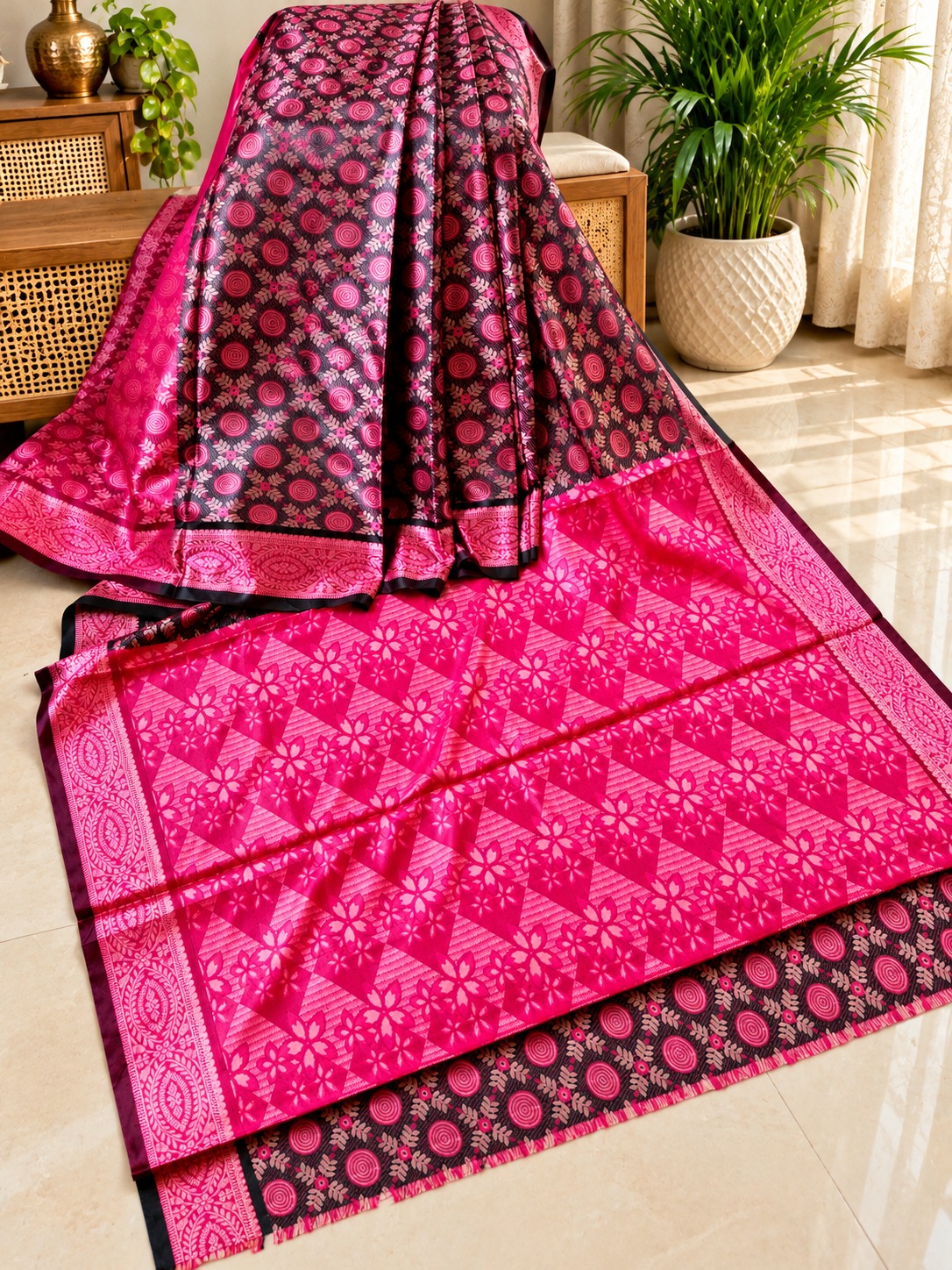 Rose Pink & Black Tangail Kanjivaram Saree