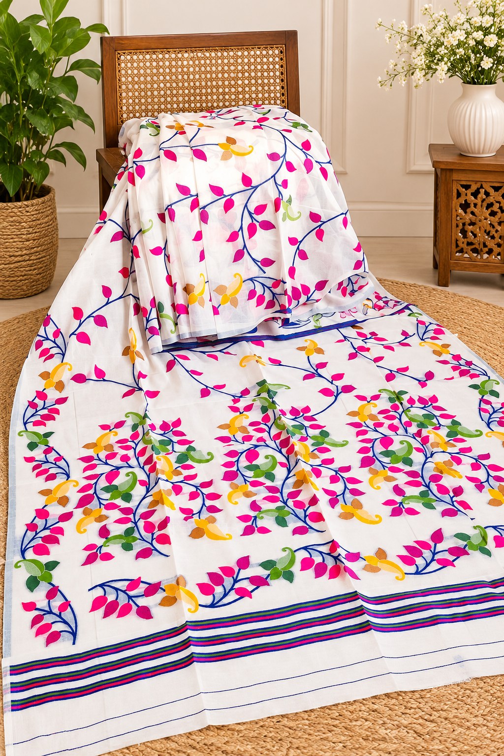 White Floral Multicolor Saree