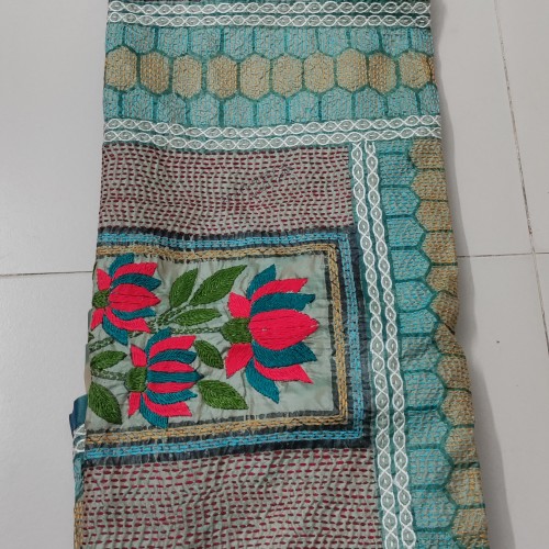 Olive Green leaf work Muslin Saree