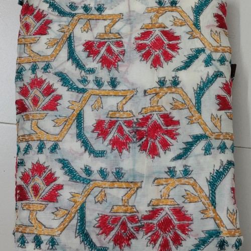 Ivory White with Deep Red Floral Muslin Saree