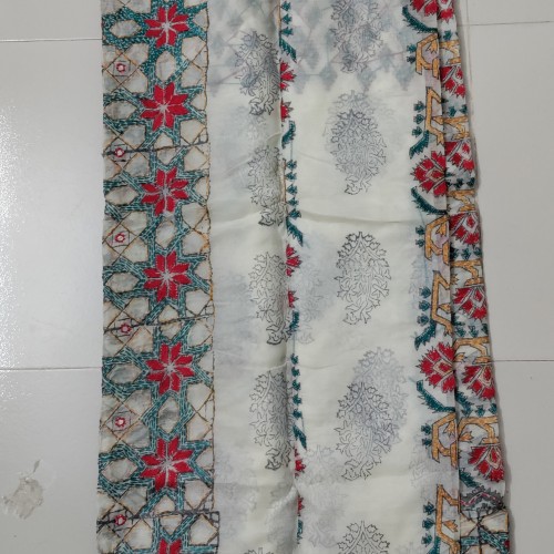 Ivory White with Deep Red Floral Muslin Saree