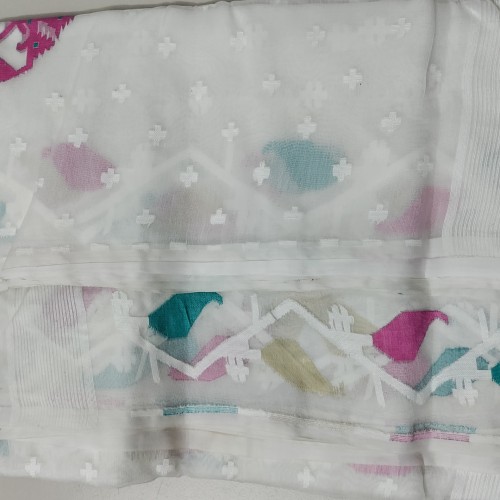 Snow White with Magenta Pink Motif Jamdani Saree